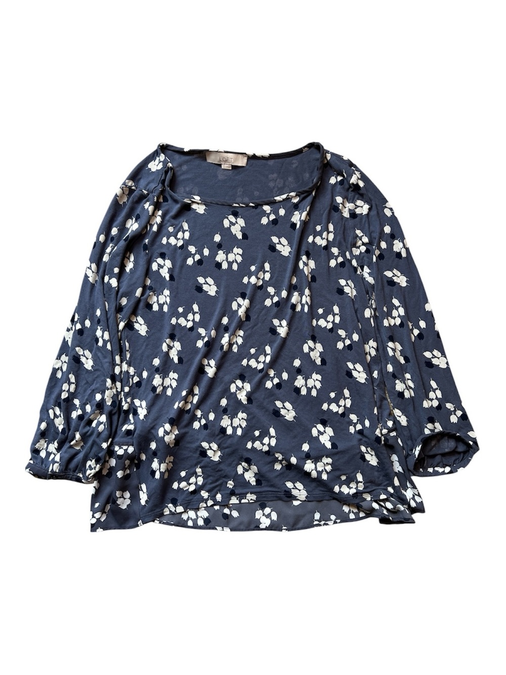 LOFT Slate Blue Floral Mixed Media Top Size L Chiffon Hem Blouse